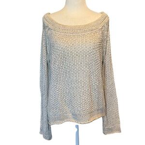 Free People Cable Knit Gray and Cream Wide Crew Neck Long Sleeve Sweater